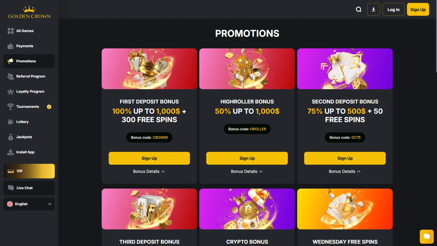 Golden Casino promotions page on desktop