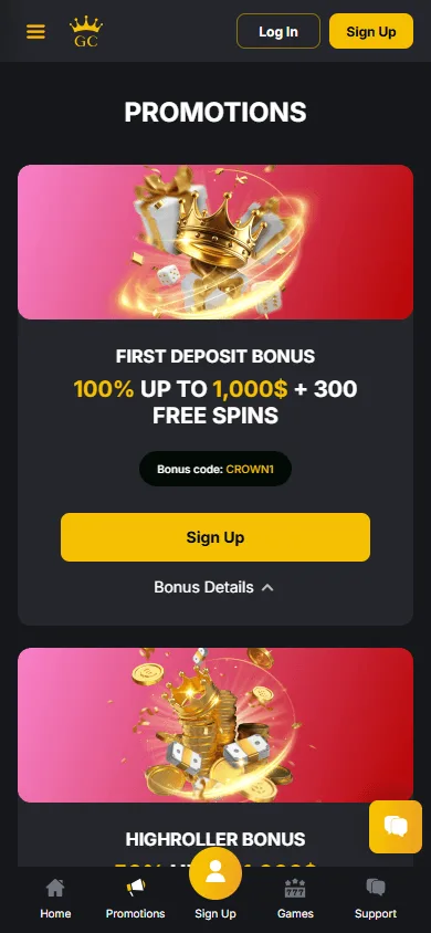 Golden Casino promotions page on a mobile device