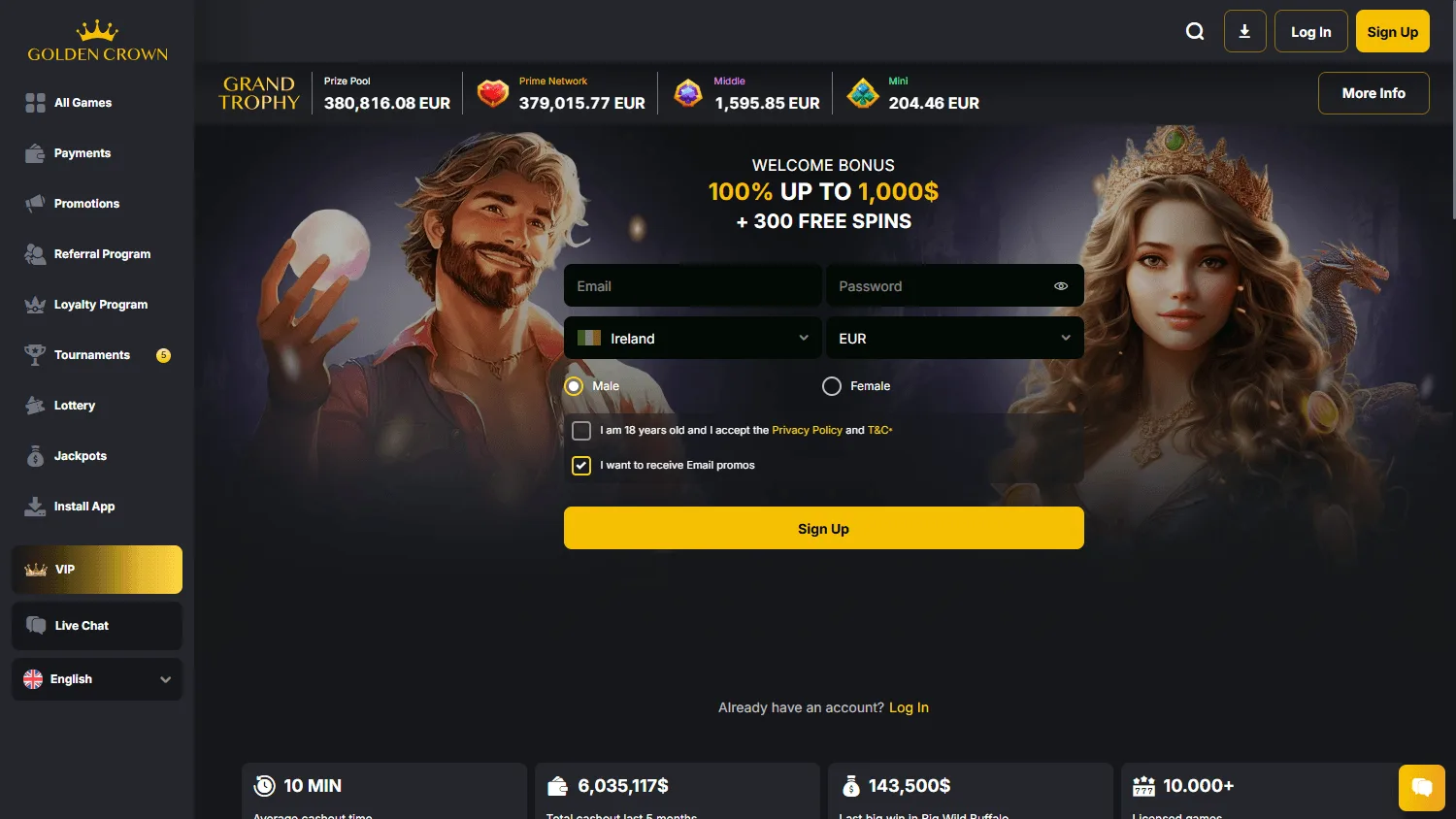 Golden Casino home page on desktop