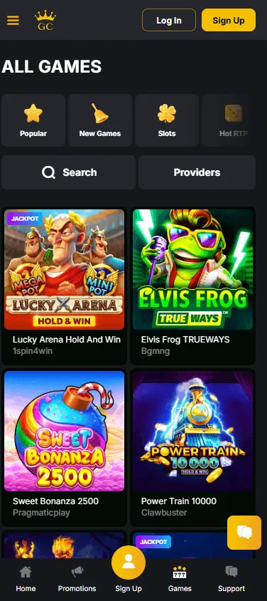 Golden Casino games page on a mobile device