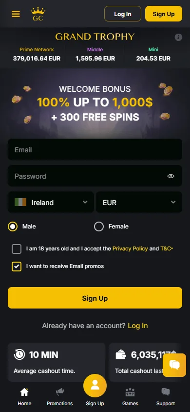 Golden Casino home page on a mobile device